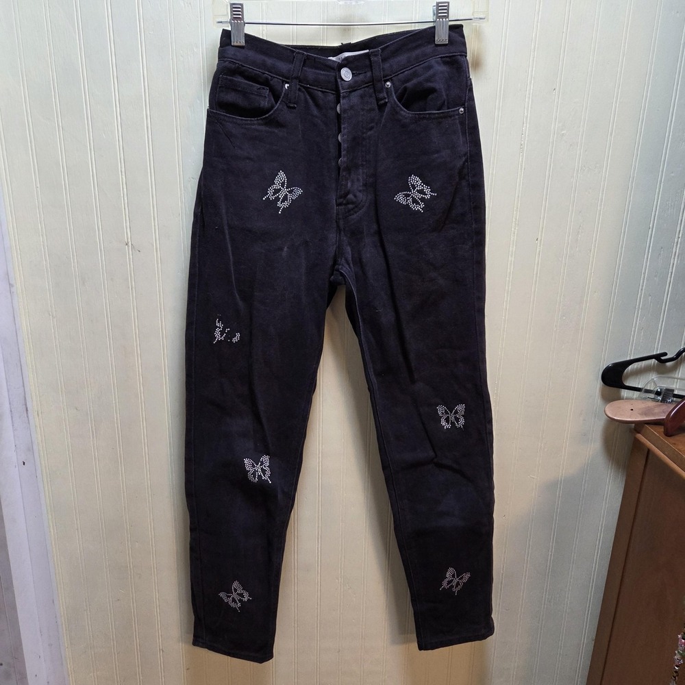 PacSun Jeans Womens 24 Black Ultra High Rise Slim Rhinestone Butterfly Denim
